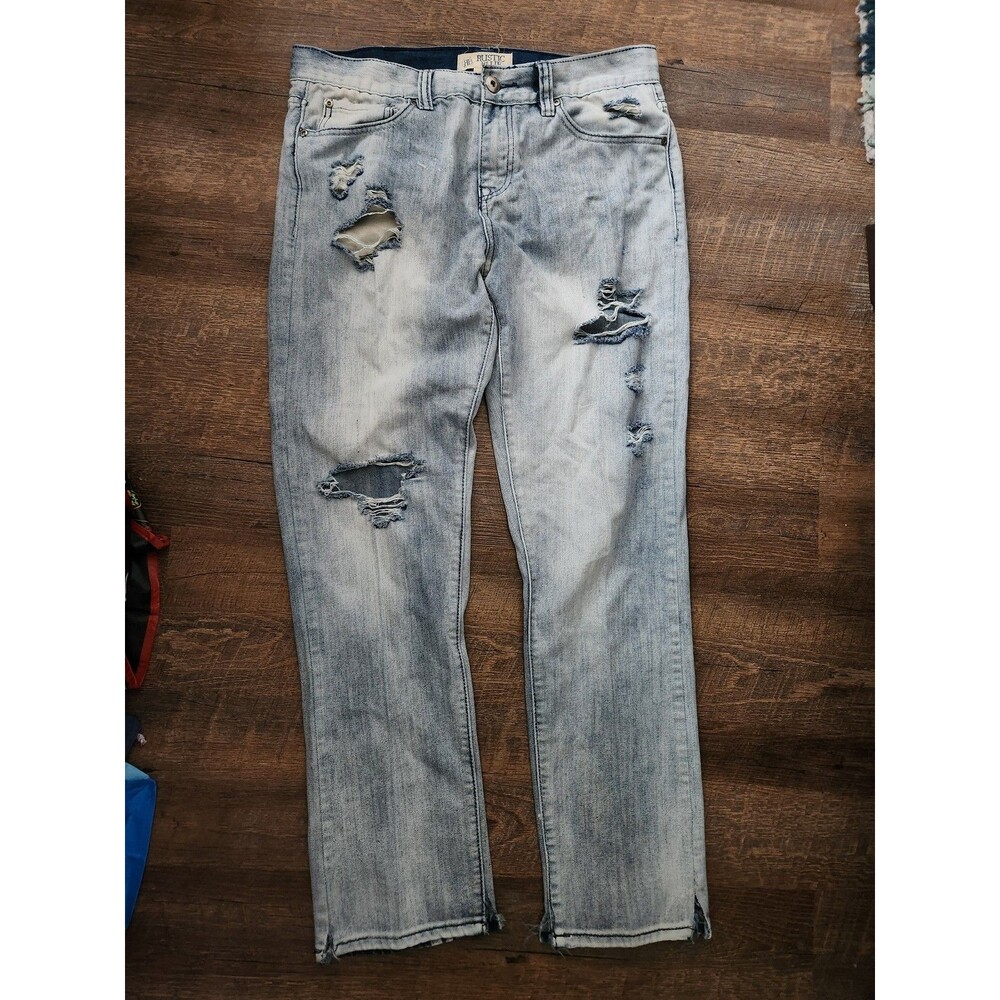 Mens 34x32 Rustic Blue light wash distressed jeans